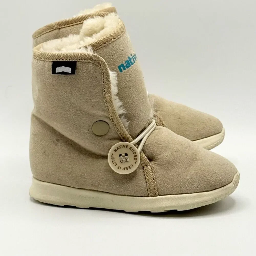 Native Kids Apollo Luna Faux Fur Beige Suede Boots - Kids US 7
